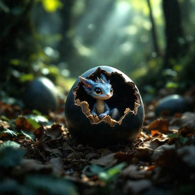 The primary subject of the image is a small dragon sitting inside an egg. The setting is a forest, with the dragon surrounded by leaves and other natural elements. The visual style is a digital art or illustration, creating a whimsical and imaginative scene. The dominant colors are green, brown, and yellow, giving the image a warm and earthy atmosphere.